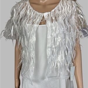 Chic White Bridal Formal Feather and Sequin Lightweight Jacket